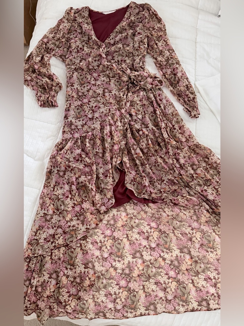 NWT LC Lauren Conrad Long Wrap Maxi Dress - Mauve Durum Fleurs Floral L